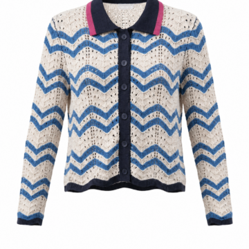 Blue Zigzag Chevron Knit Cardigan with Contrast Trim