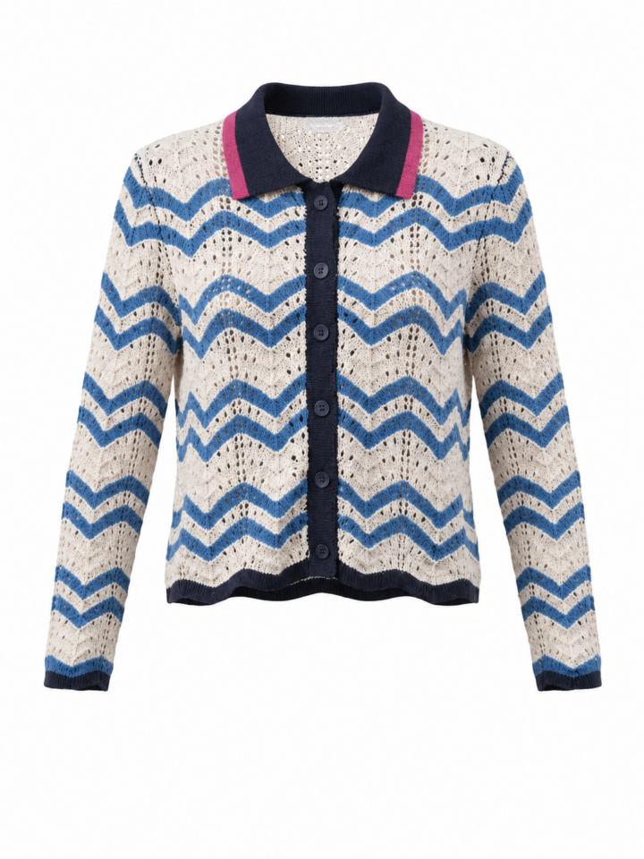Blue Zigzag Chevron Knit Cardigan with Contrast Trim