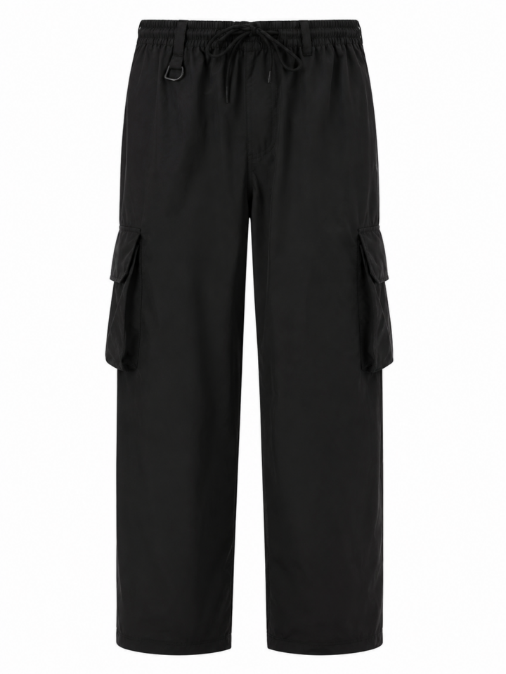 Black Relaxed Wide-Leg Cargo Pants with Drawstring Waist