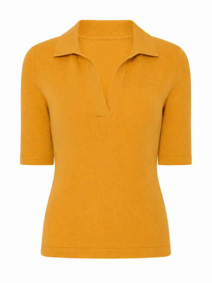 Mustard Yellow Ribbed Johnny Collar Short Sleeve Polo Top