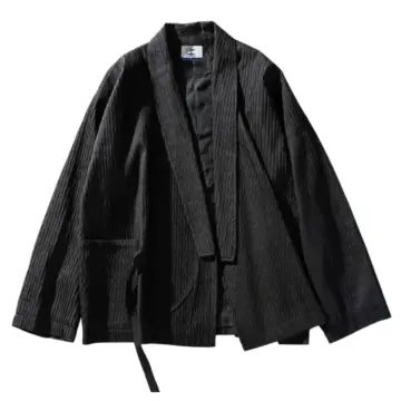 Black Haori-Style Open-Front Jacket with Crinkled Texture