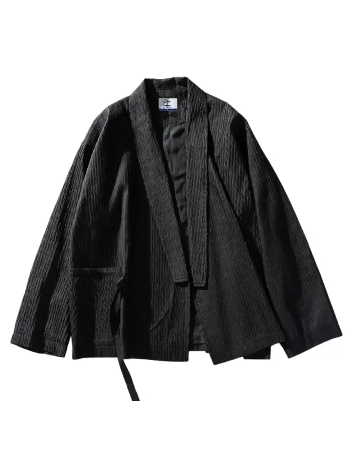 Black Haori-Style Open-Front Jacket with Crinkled Texture