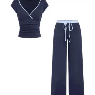 Navy Two-Piece Lounge Set with V-Neck Top and Wide-Leg Pants