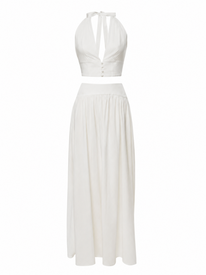 White Halter Crop Top and Maxi Skirt Two-Piece Set