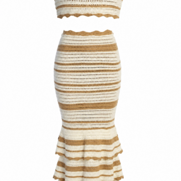 Cream and Tan Striped Off-Shoulder Crop Top and Maxi Skirt Two-Piece Set