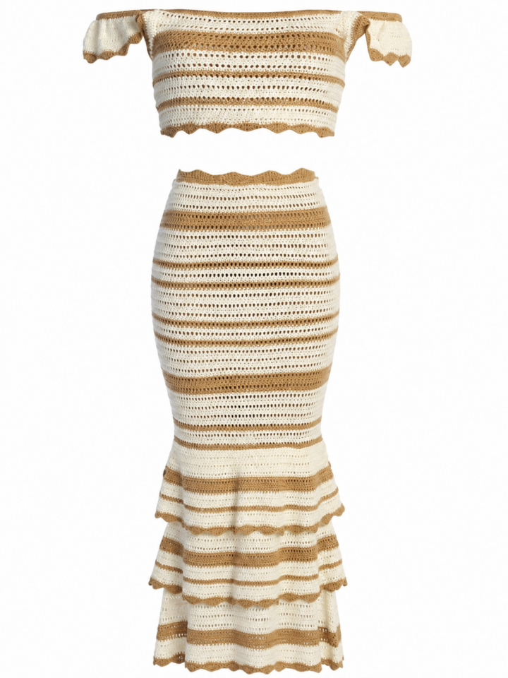 Cream and Tan Striped Off-Shoulder Crop Top and Maxi Skirt Two-Piece Set