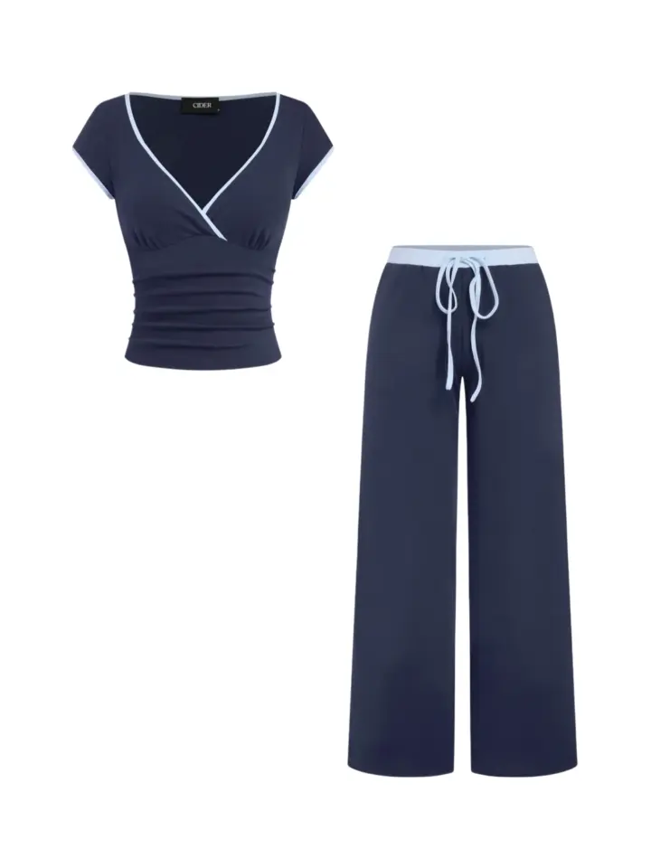 Navy Two-Piece Lounge Set with V-Neck Top and Wide-Leg Pants