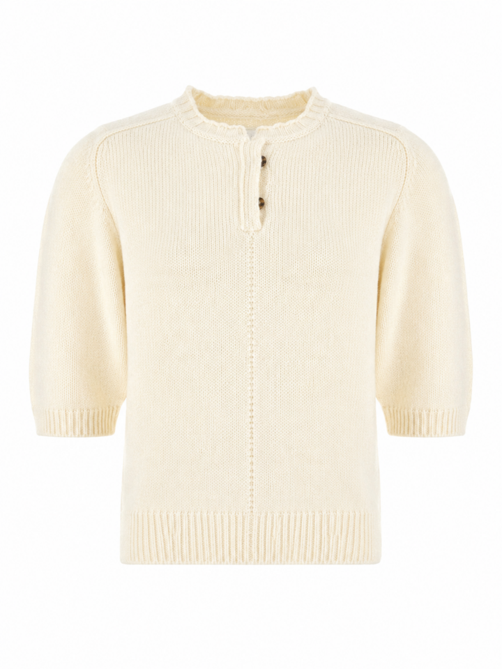 Cream Short-Sleeve Henley Knit Top