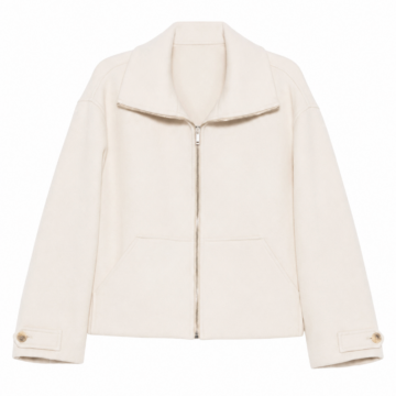 Ivory Relaxed Cropped Zip-Up Jacket with Spread Collar