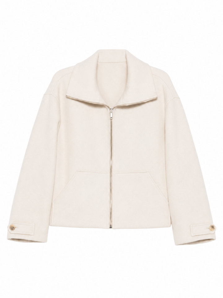 Ivory Relaxed Cropped Zip-Up Jacket with Spread Collar