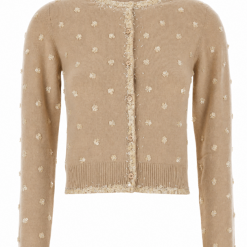 Beige Floral Tufted Cardigan with Frayed Trim