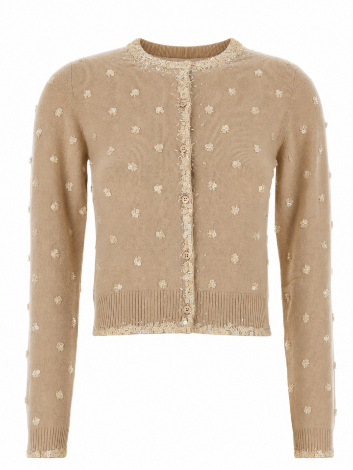 Beige Floral Tufted Cardigan with Frayed Trim