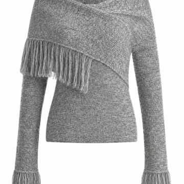 Heather Grey Off-Shoulder Knit Sweater with Fringe