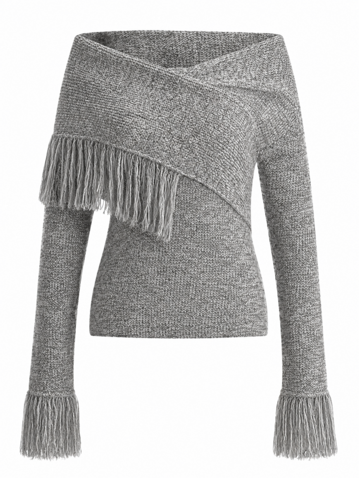 Heather Grey Off-Shoulder Knit Sweater with Fringe