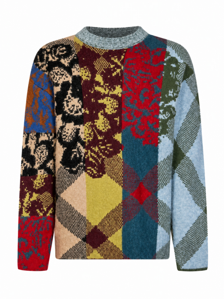 Multicolor Patchwork Jacquard Argyle Long Sleeve Pullover Sweater