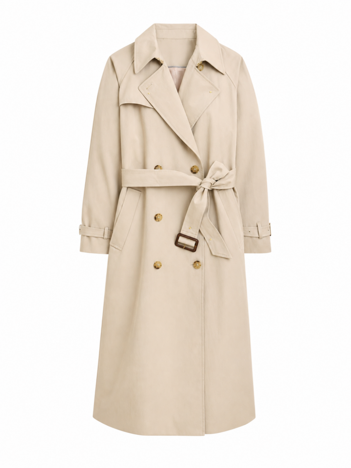 Light Beige Longline Double-Breasted Trench Coat with Belt
