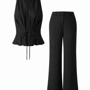 Black Sleeveless Collared Top and Wide-Leg Trouser Two-Piece Set
