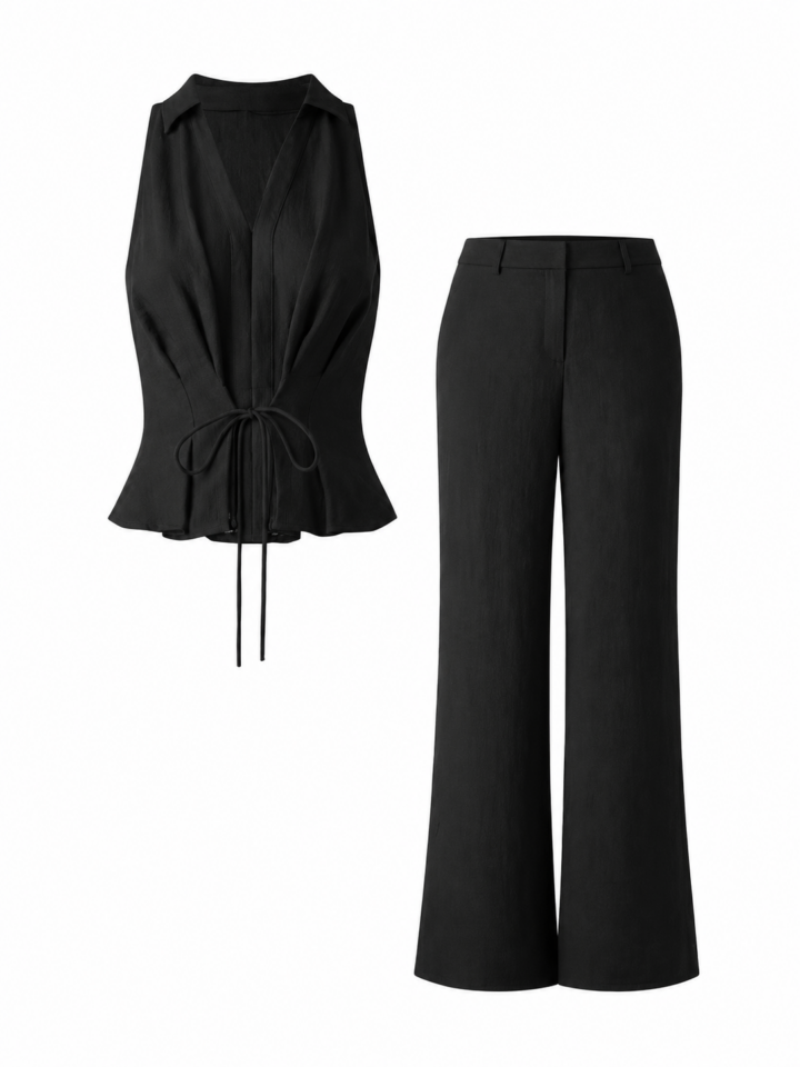 Black Sleeveless Collared Top and Wide-Leg Trouser Two-Piece Set