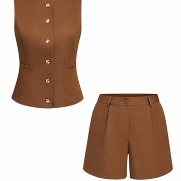 Brown Tailored Vest and High-Waisted Shorts Two-Piece Set