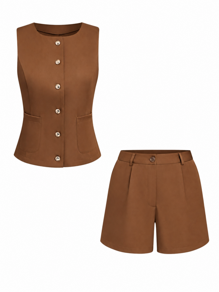 Brown Tailored Vest and High-Waisted Shorts Two-Piece Set