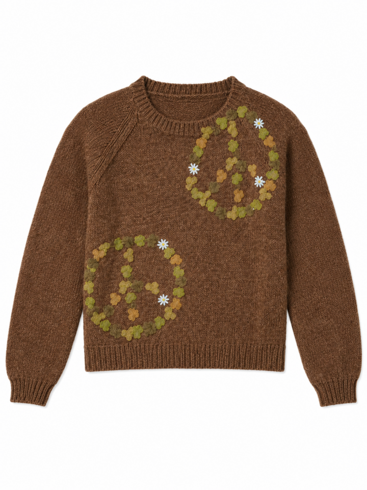 Brown Crewneck Sweater with Floral Appliqué Circles