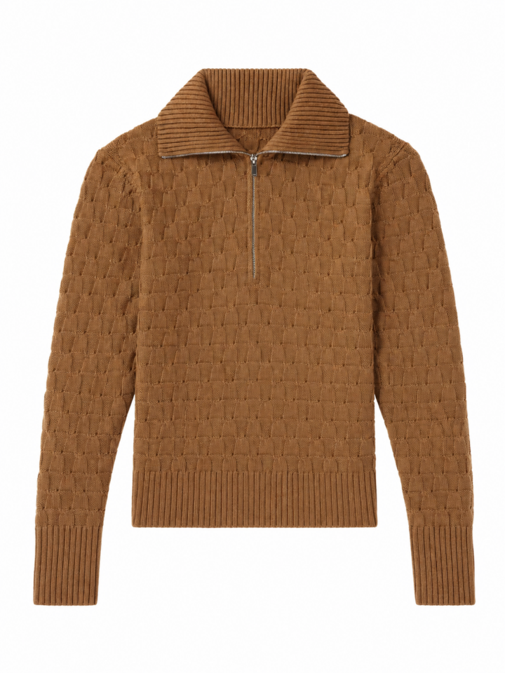 Brown Quarter Zip Basketweave Textured Pullover Sweater