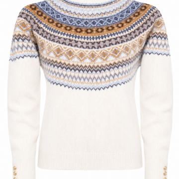 Cream Fair Isle Knit Sweater with Geometric Blue Grey Gold Pattern