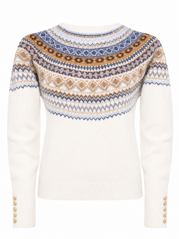 Cream Fair Isle Knit Sweater with Geometric Blue Grey Gold Pattern