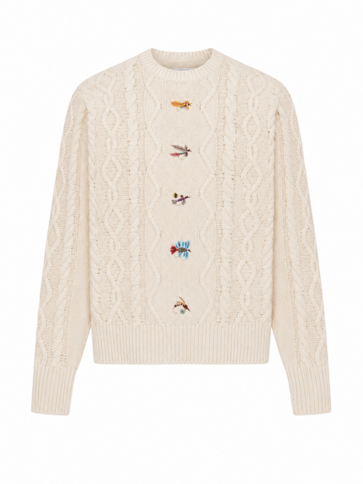 Cream Cable Knit Sweater with Embroidered Insect Motifs