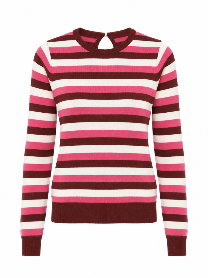 Pink White and Brown Striped Knit Sweater with Keyhole