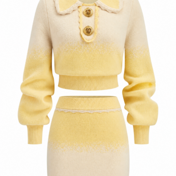 Yellow and Cream Ombre Knit Cropped Collared Top and Mini Skirt Two-Piece Set