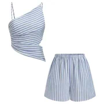 Blue and White Striped Two-Piece Set with Crop Top and Loose Shorts