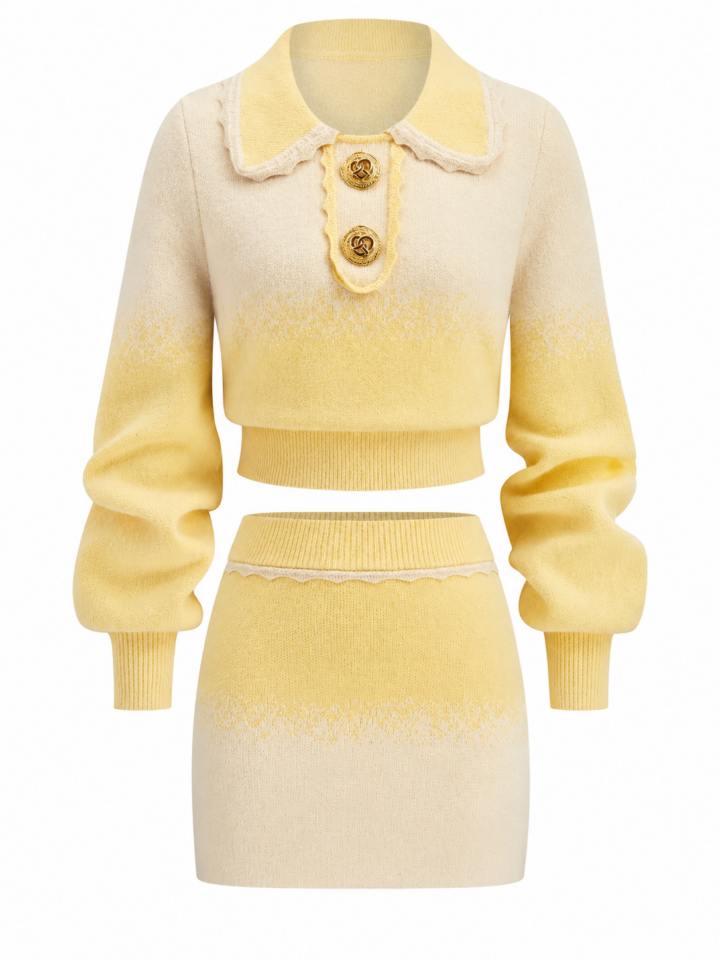 Yellow and Cream Ombre Knit Cropped Collared Top and Mini Skirt Two-Piece Set