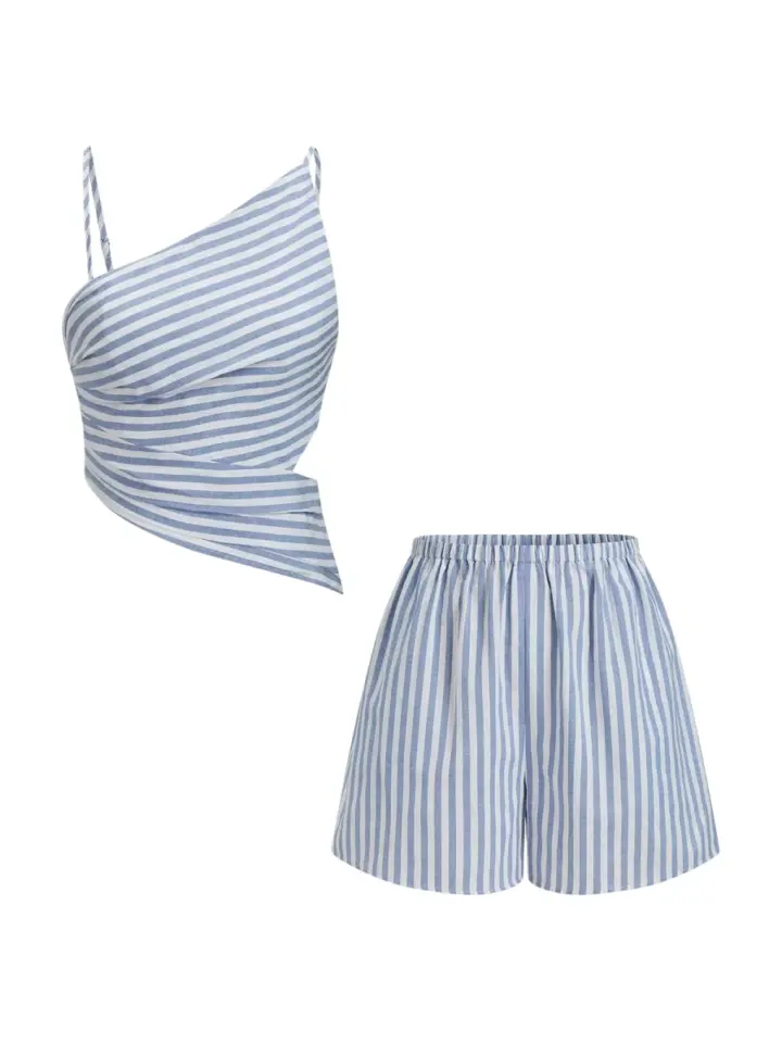 Blue and White Striped Two-Piece Set with Crop Top and Loose Shorts