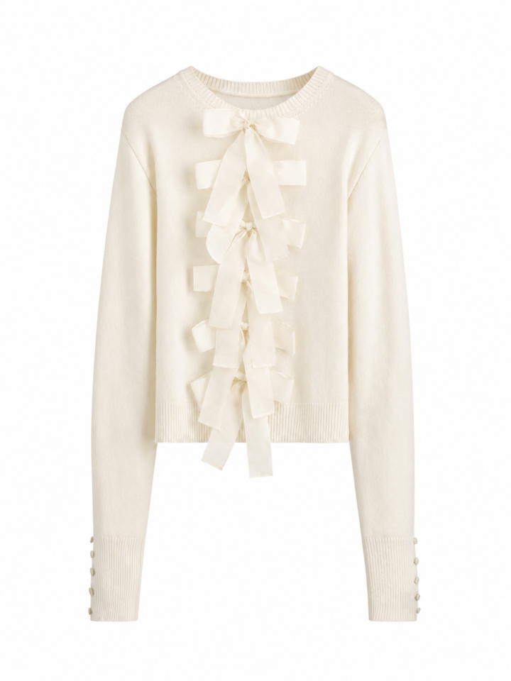 Cream Ribbed Knit Cardigan Sweater with Bows