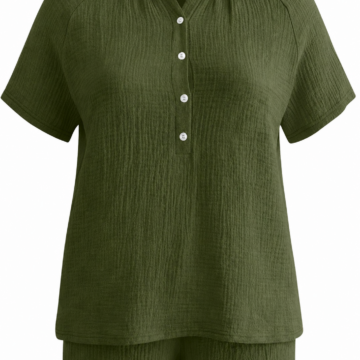 Dark Olive Green Collared Short-Sleeve Top and Cuffed Shorts Set
