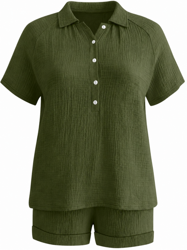Dark Olive Green Collared Short-Sleeve Top and Cuffed Shorts Set