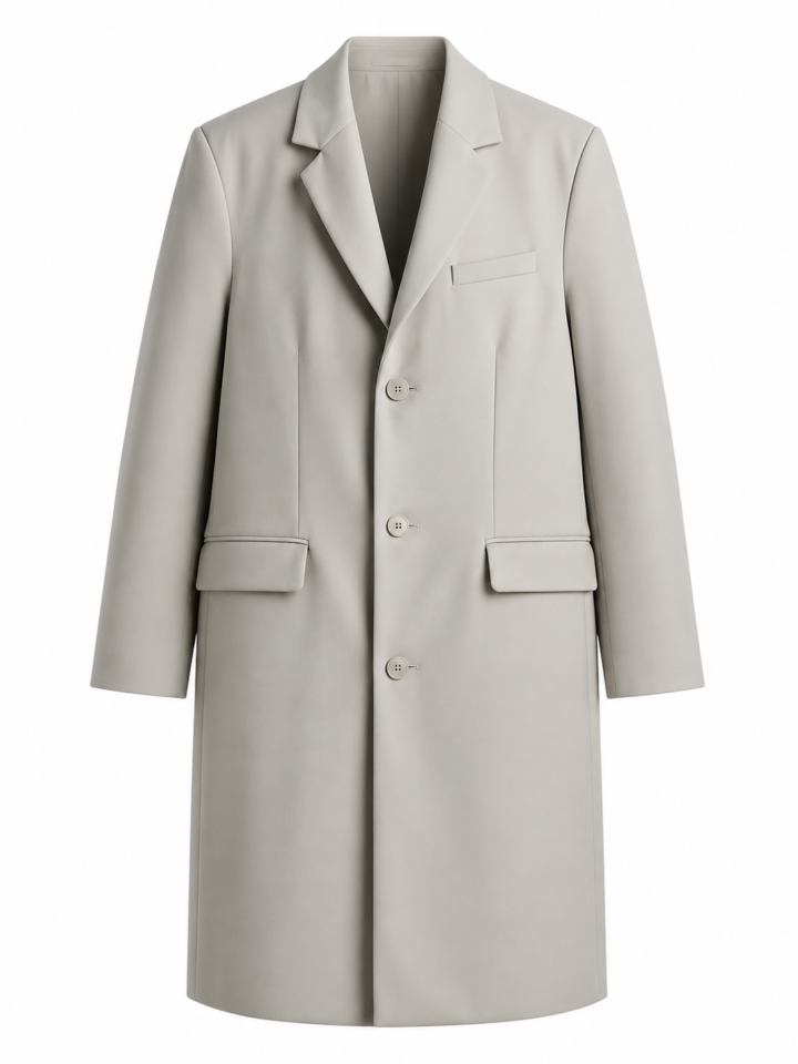 Light Grey Relaxed Fit Long Coat with Notch Lapels