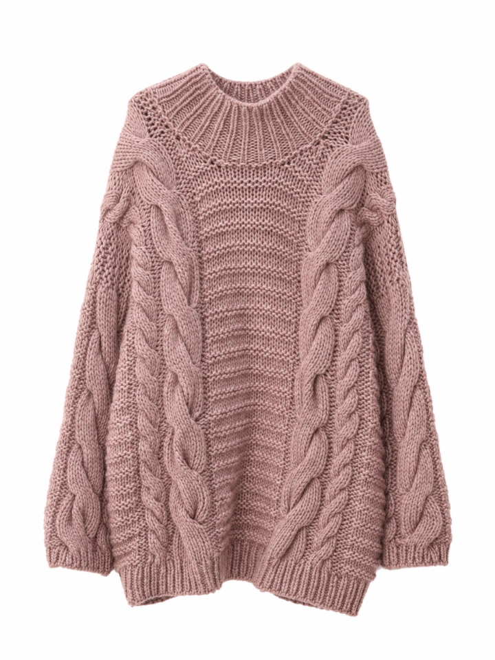 Dusty Rose Chunky Cable Knit Pullover Sweater