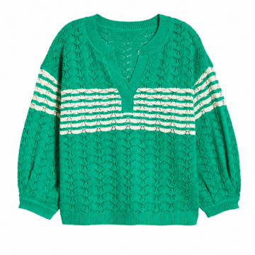 Green Oversized Pointelle Knit Sweater with Cream Stripes