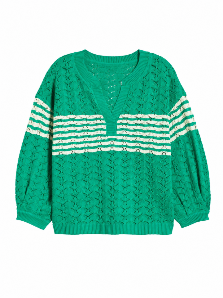 Green Oversized Pointelle Knit Sweater with Cream Stripes