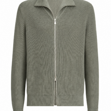 Sage Green Full-Zip Cardigan Sweater with Pointed Collar