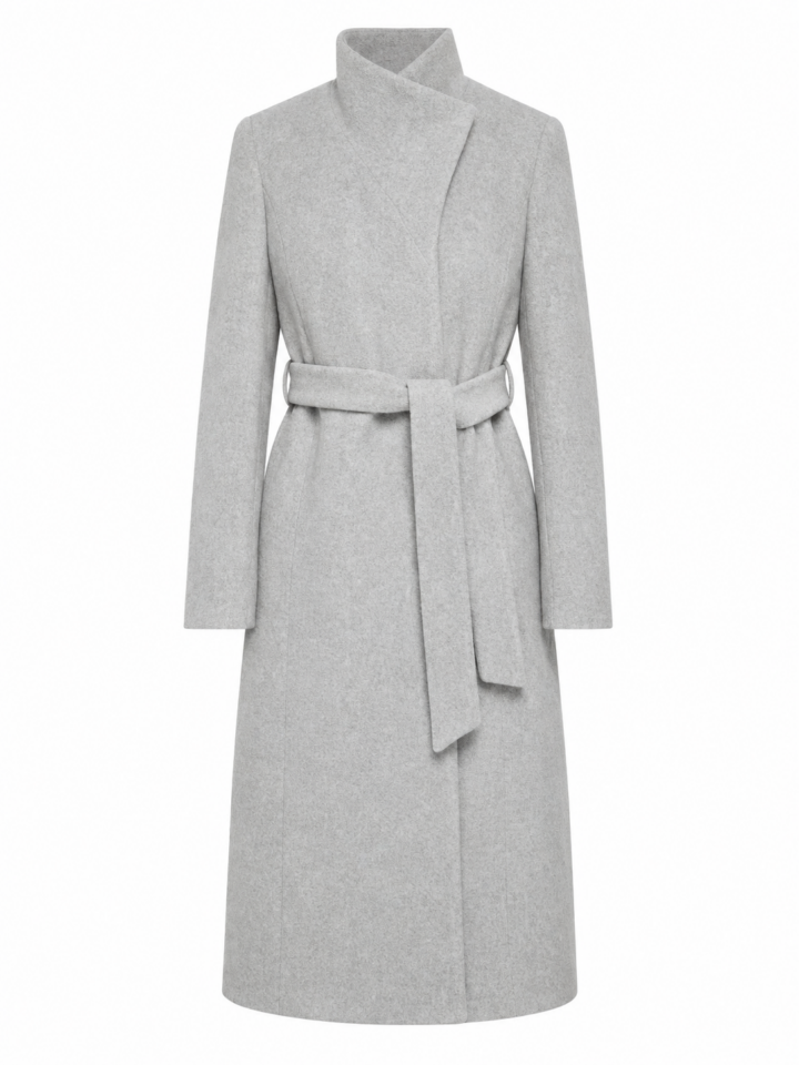 Light Heather Grey Wrap Coat with Self-Tie Belt
