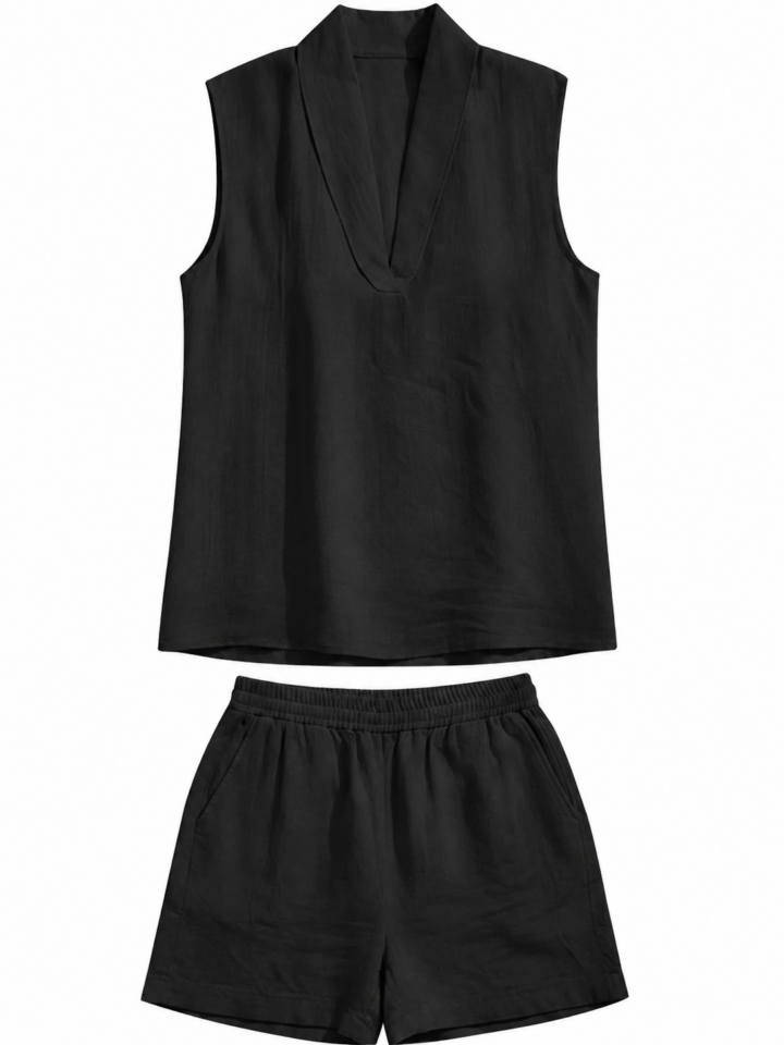 Black Sleeveless V-Neck Crop Top and Shorts Set