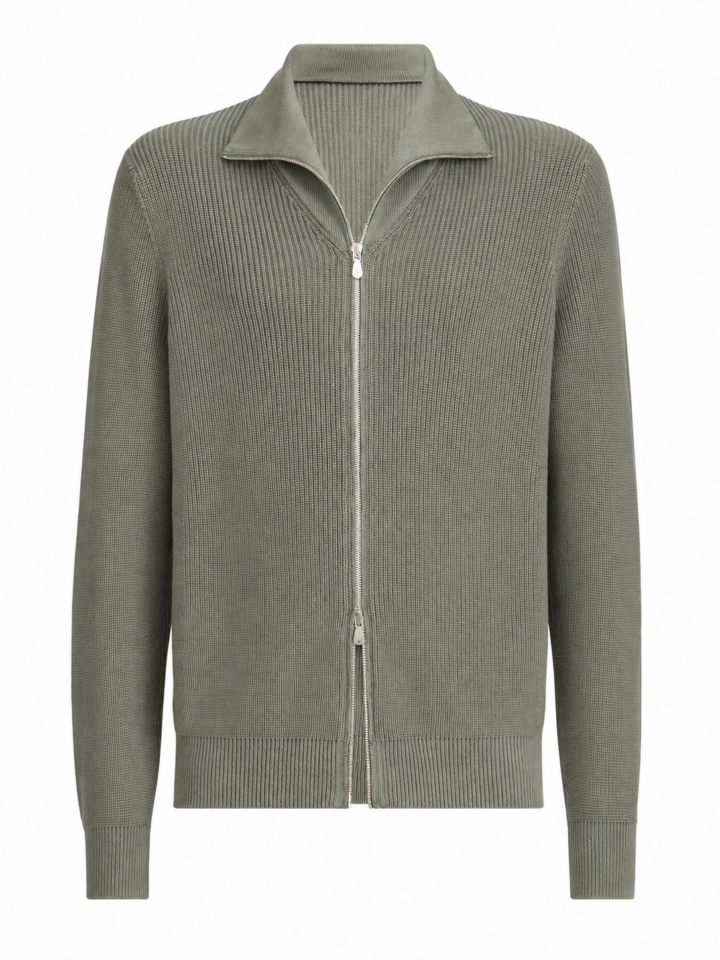Sage Green Full-Zip Cardigan Sweater with Pointed Collar