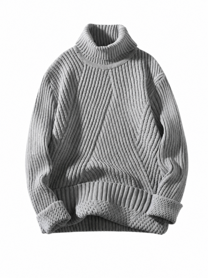 Heather Grey Oversized Turtleneck Sweater with Geometric Knit Pattern