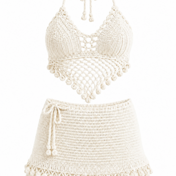 Off-White Crochet Halter Bralette and Mini Skirt Set