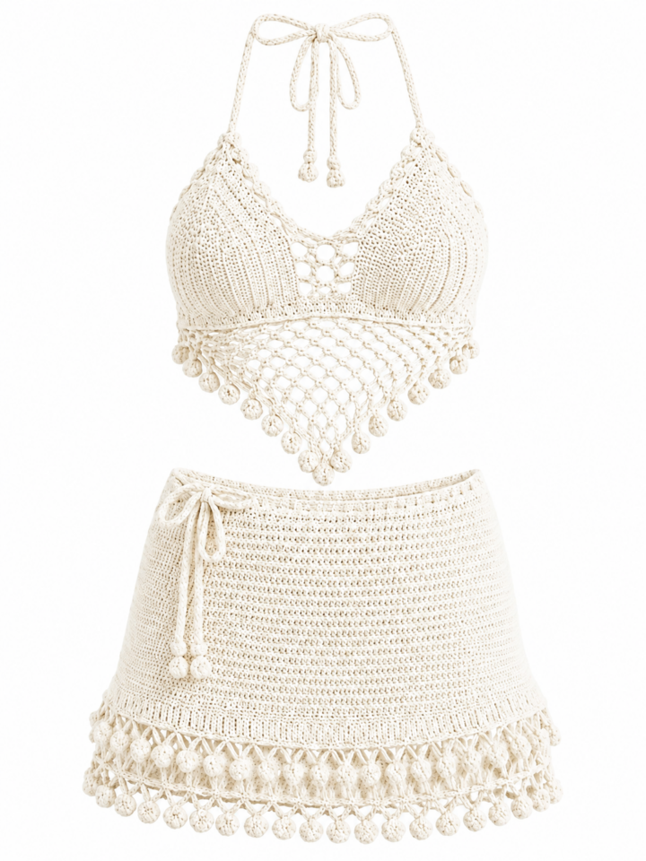 Off-White Crochet Halter Bralette and Mini Skirt Set