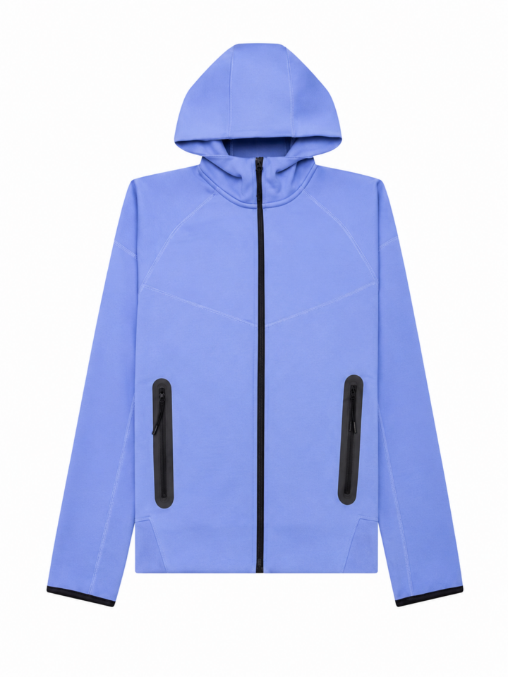 Light Blue Full-Zip Hooded Jacket with Black Accents