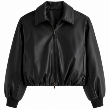 Black Cropped Leather-Like Zipper Jacket